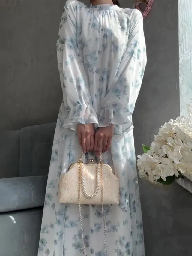 Elegant Stylish Temperament Long Sleeves Long Skirt Floral Dress White - Shop at LoveMi
