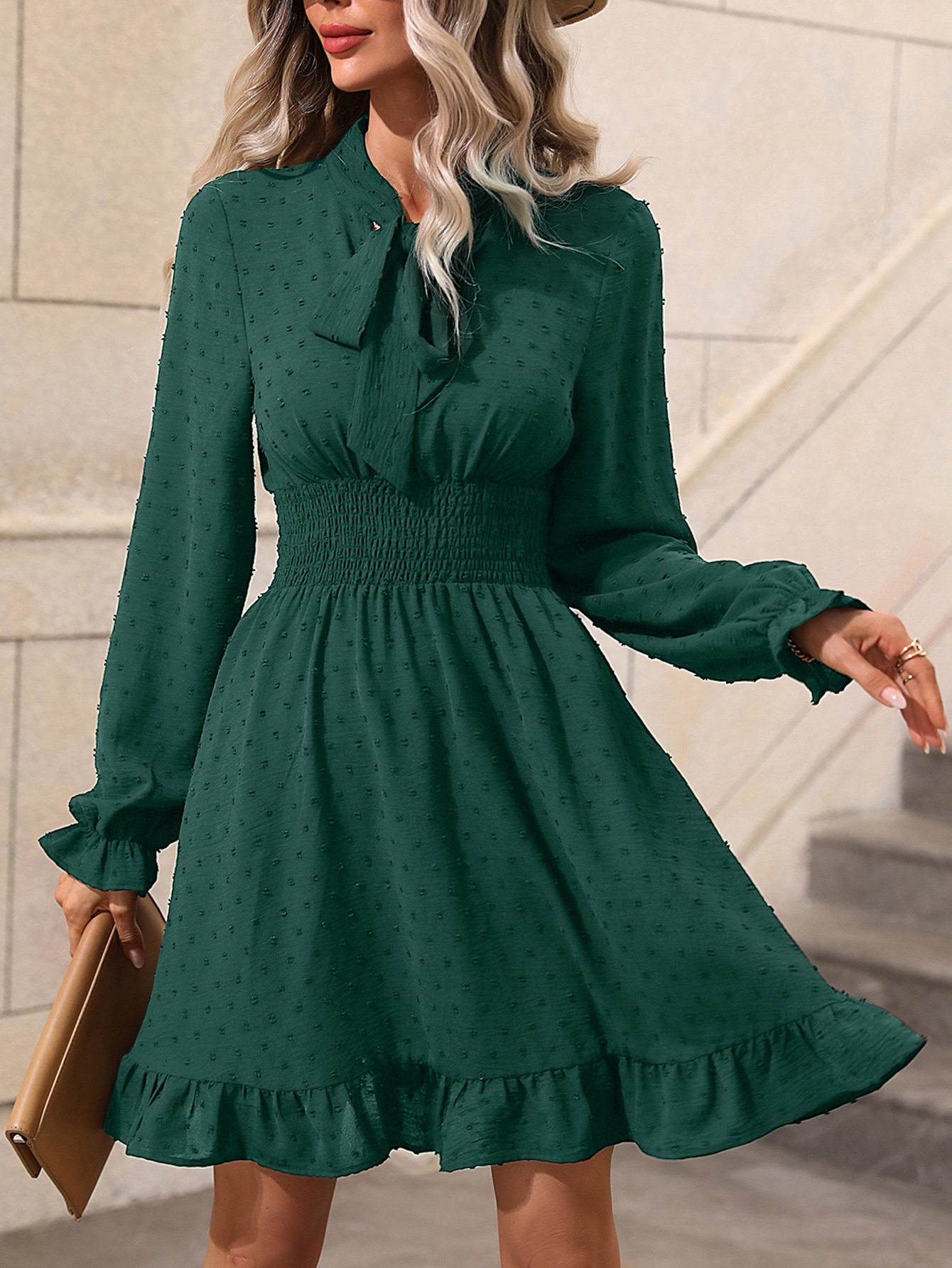 Tight Waist Solid Color Bow Tie Long Sleeve Dress