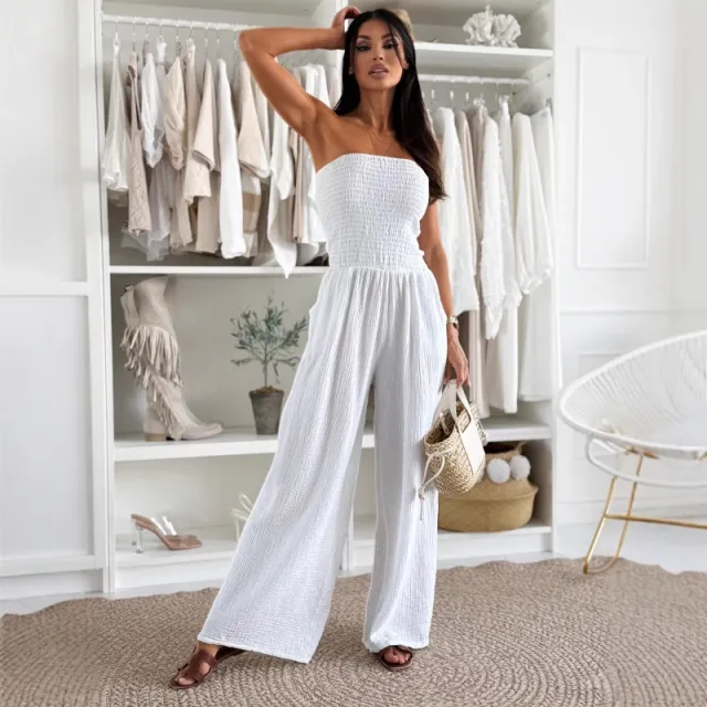 Double Layer Cotton Solid Color One Neck Pocket Waist Jumpsuit Women's Clothing White - Shop at LoveMi