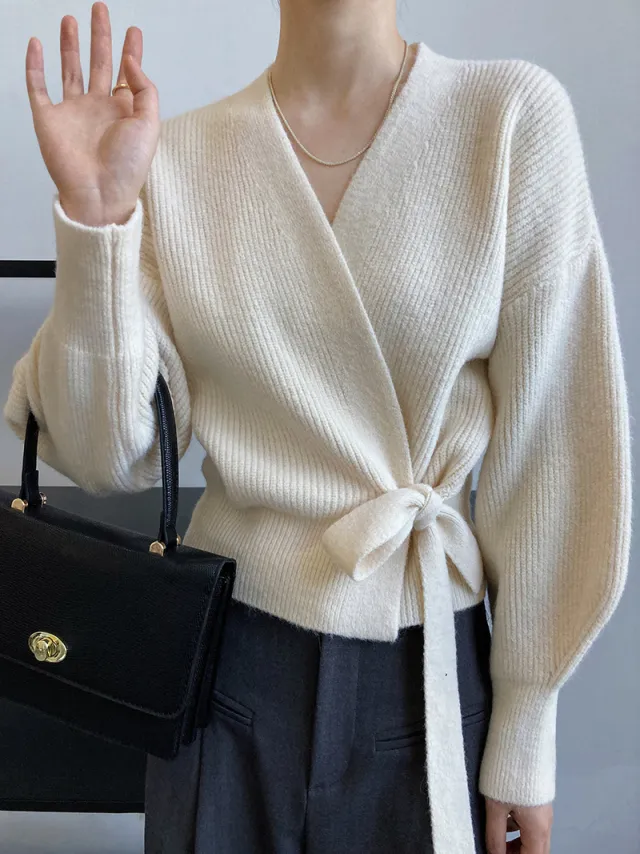 Women's Fashion Retro V neck Lace up Loose Outer Wear Knitted Cardigan Beige - Shop at LoveMi