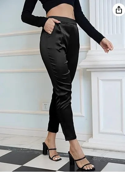 Women's Comfortable Pocket Straight High Waist Acetate Pants Black - Shop at LoveMi