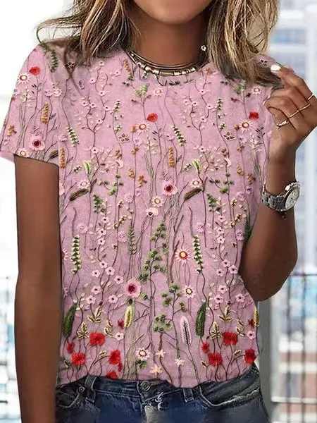 European And American Loose Round Neck Short Sleeve Floral Printed T shirt Pink - Shop at LoveMi