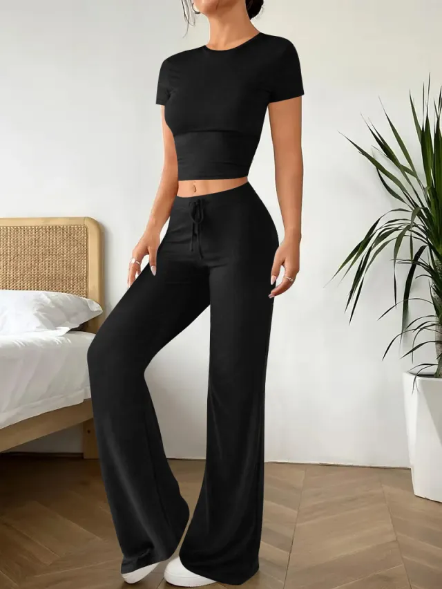 High Waist Pure Color Trousers Short Sleeve T shirt Suit Black - Shop at LoveMi