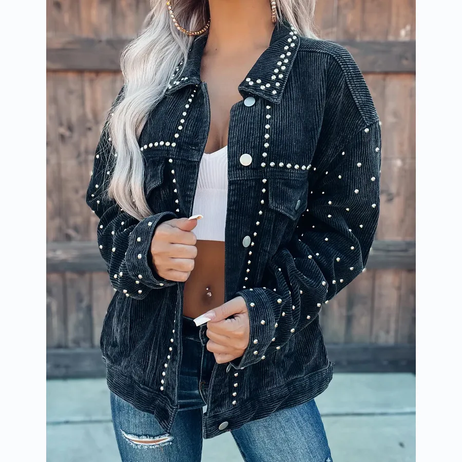 Women's Fashionable Corduroy Short Coat - Black
