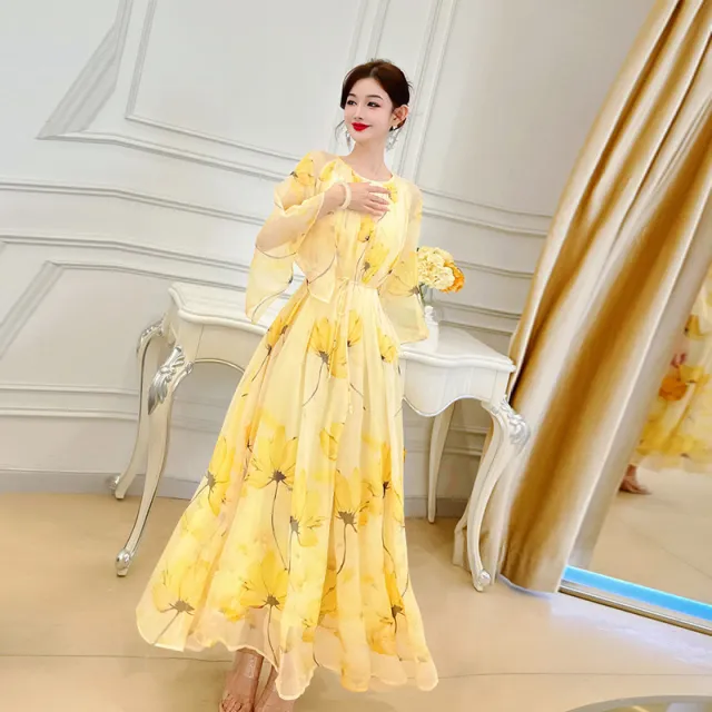 Loose And Versatile French Chiffon Floral Dress Women Yellow Big Flower - Shop at LoveMi