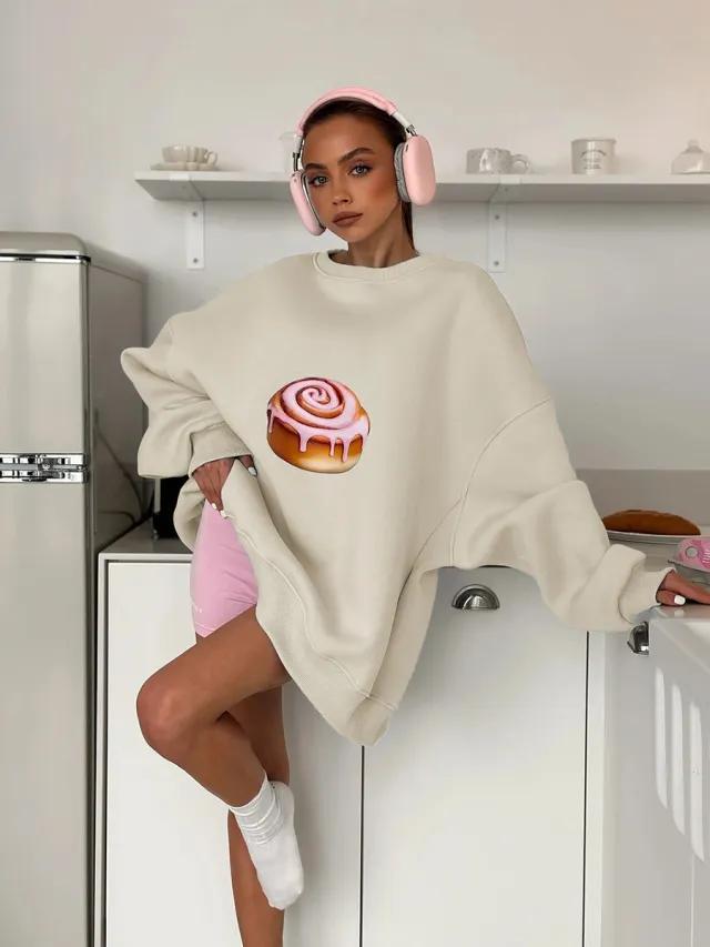 Autumn And Winter Fleece lined Loose Slimming Long Sleeves Crew Neck Pullover Sweatshirt Women Apricot - Shop at LoveMi