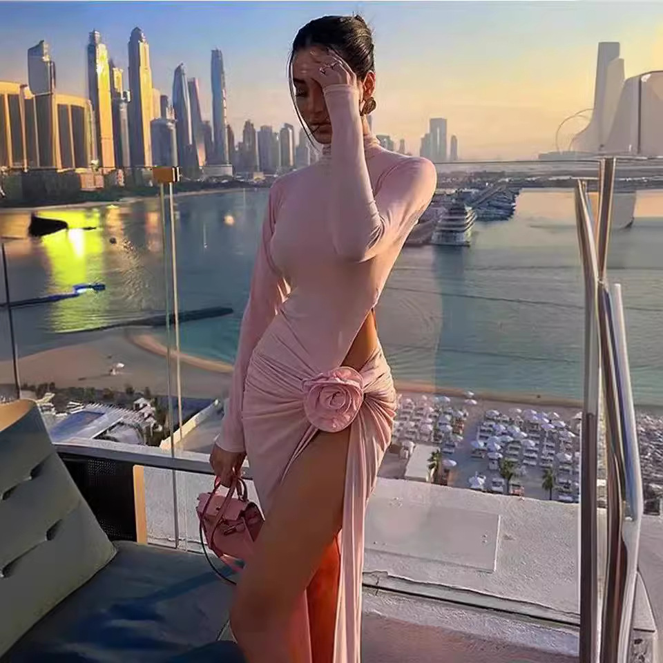 Solid Color Dress Half Collar Long Sleeve Sexy Slit Floral Dress