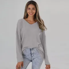 Women's Loose V-neck Plus Size Street Knitted Bottoming Shirt - Grey - View 1