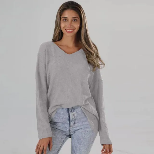 Women's Loose V neck Plus Size Street Knitted Bottoming Shirt Gray - Shop at LoveMi