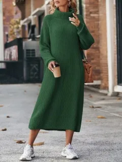 Winter Turtleneck Knitted Sweater Dress Fashion Solid Loose Pullover Long Dresses For Women Clothing - Dark Green - View 1