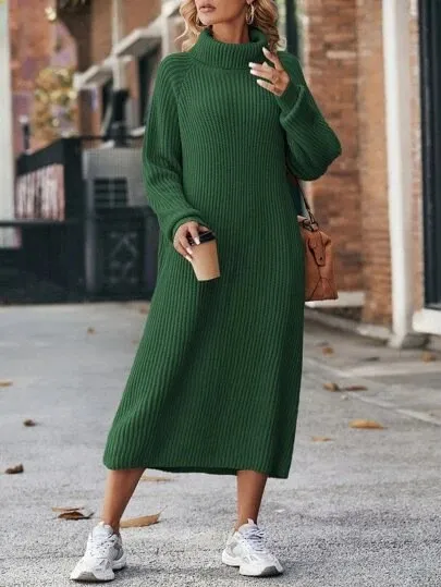 Winter Turtleneck Knitted Sweater Dress Fashion Solid Loose Pullover Long Dresses For Women Clothing Dark Green - Shop at LoveMi