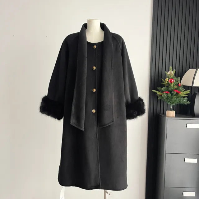 Women's Autumn And Winter High end Super Stylish Furry Sleeve Double faced Wool Coat Black - Shop at LoveMi
