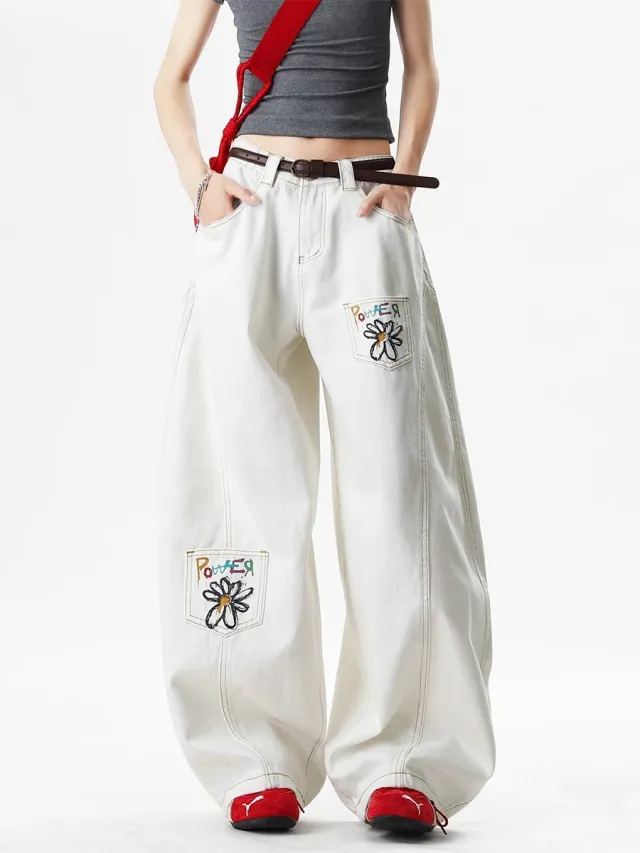 Women's American style Retro Flower Embroidered Printed White Jeans Red - Shop at LoveMi