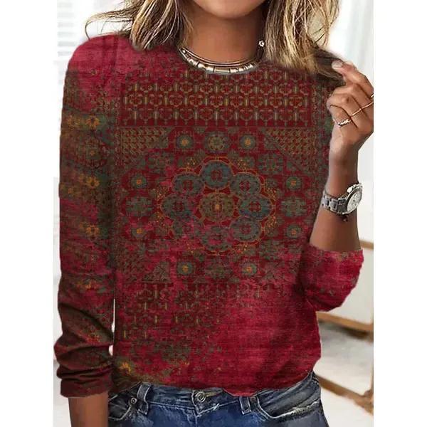 Loose Trendy Vintage Printed Round Neck T shirt F168Z855 - Shop at LoveMi