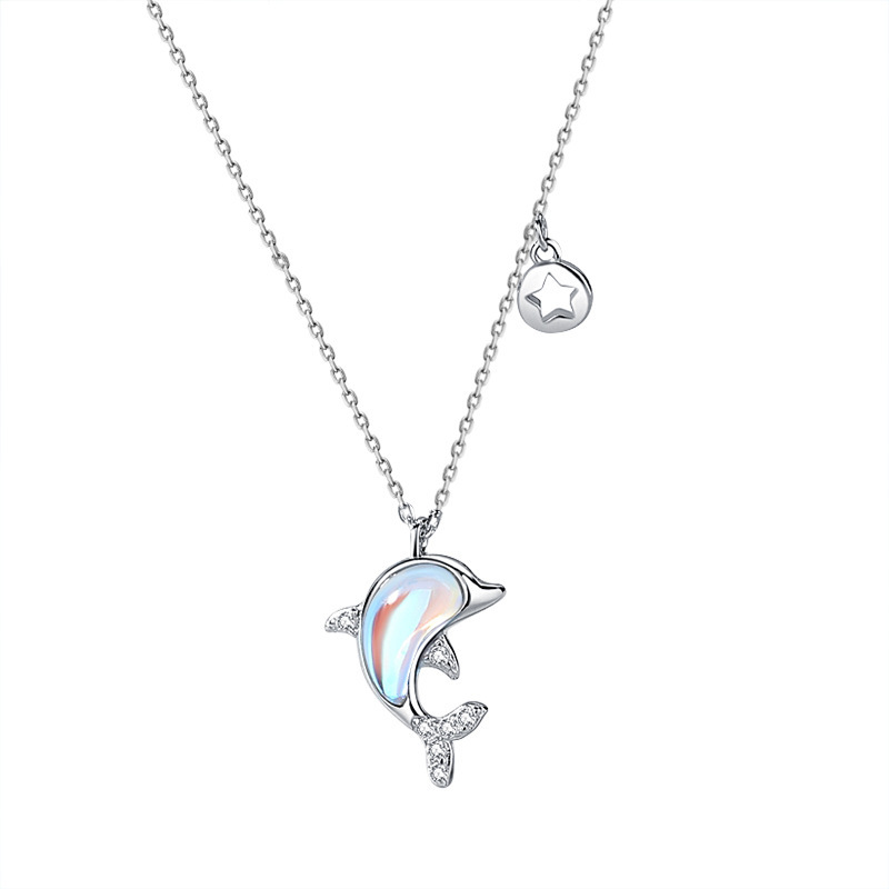 Dolphin Love S925 Sterling Silver Moonstone Pendant Necklace