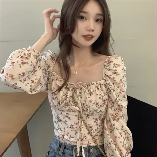 Women's Square Collar Floral Long sleeved Shirt Spring And Autumn Top Slim Fit Floral - Shop at LoveMi