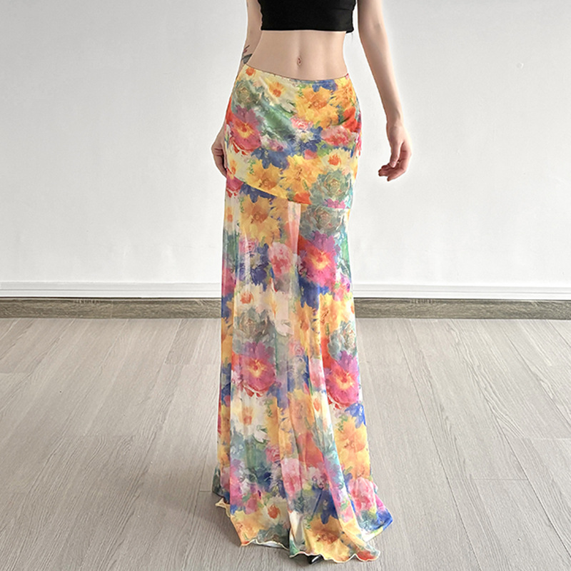 Island Oil Painting Style Blooming Printed Mesh Skirt