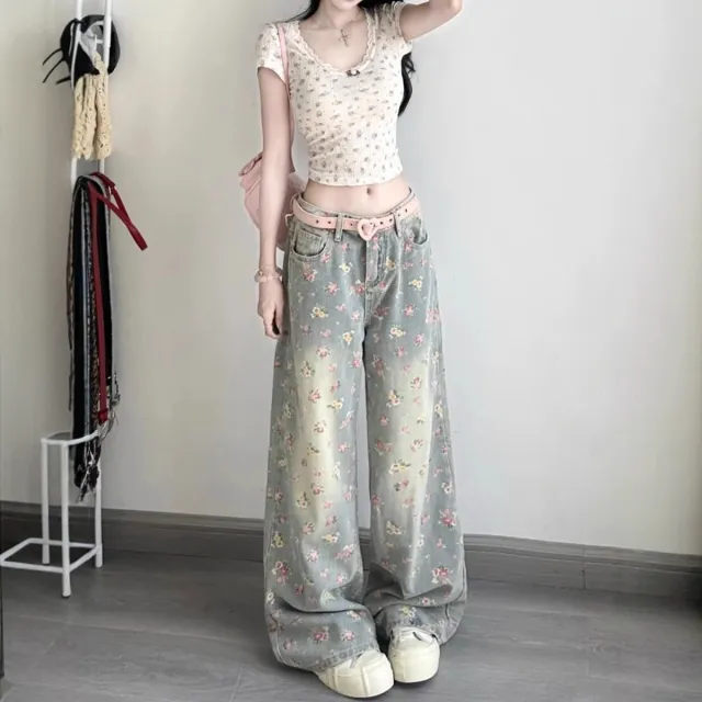 Womens Retro Floral High Waist Wide Leg Denim Jeans Floral - Shop at LoveMi