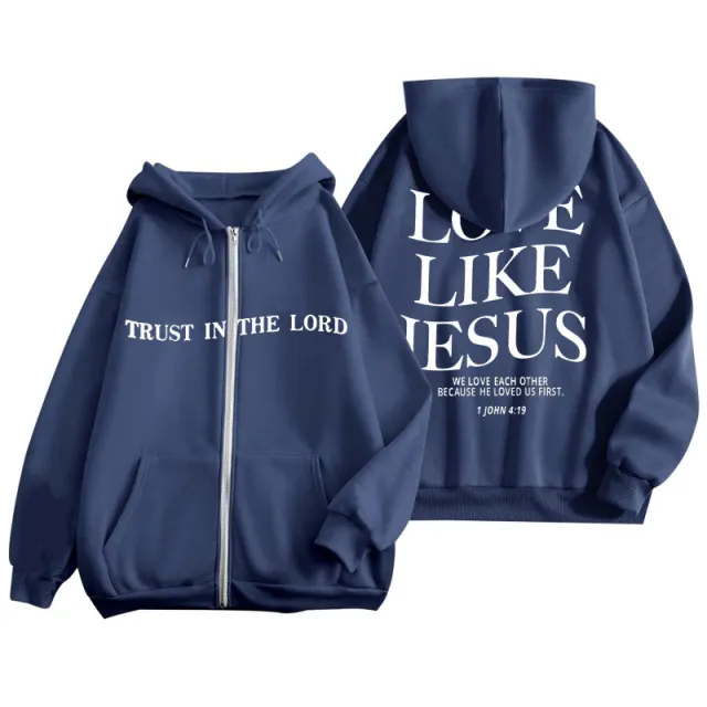 Printed Zipper Hooded Sweater Warm Jacket Blue - Shop at LoveMi