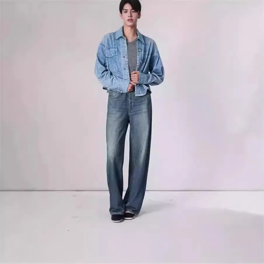 Retro Mid-waist Women's Jeans Loose Wide-leg Plus Size Straight-leg Pants - Dark Blue
