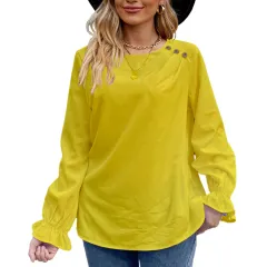 European And American Solid Colour Buttons Loose Round Neck Long Sleeve Shirt - Yellow - View 1