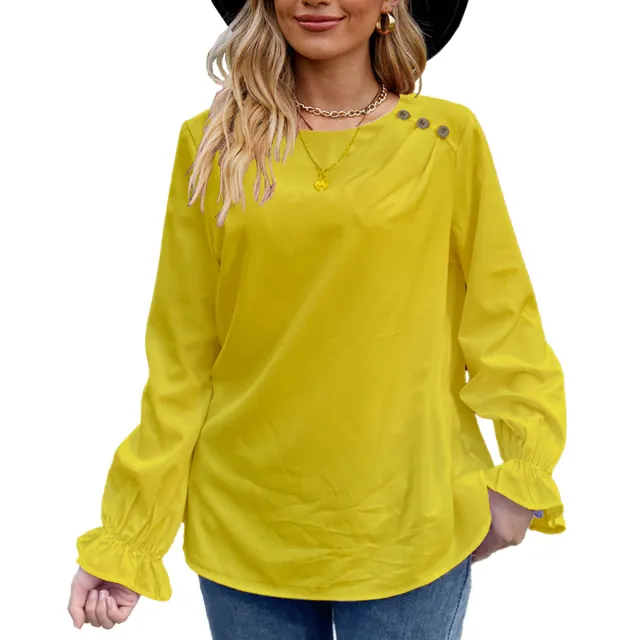European And American Solid Color Buttons Loose Round Neck Long Sleeve Shirt Yellow - Shop at LoveMi