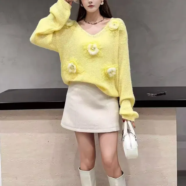 Gentle Style 3D Floral V neck Sweet Age reducing Sweater Yellow - Shop at LoveMi