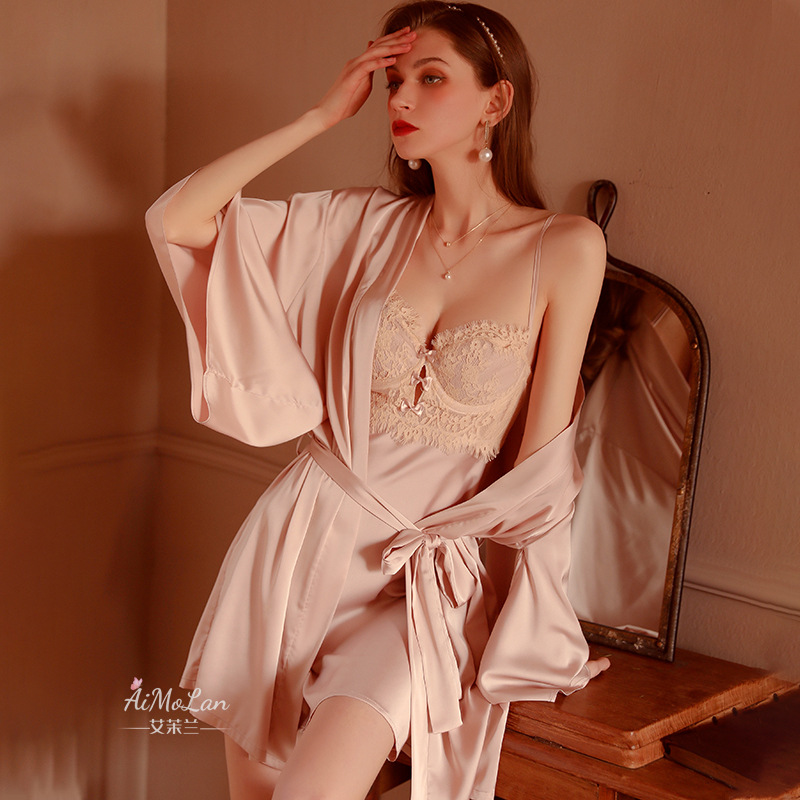 Womens Plus-Size Lace Ice Silk Underwire Camisole Bathrobe Set