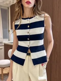 Women's Casual Patchwork Sleeveless Knitted T-shirt - Blue - View 1