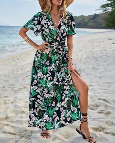 Summer Women's Printed Short Sleeve Dress V neck Waist slimming Long Dress Green - Shop at LoveMi