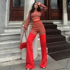 European And American National Style Printed Plaid Top And Trousers Suit - Red - View 1