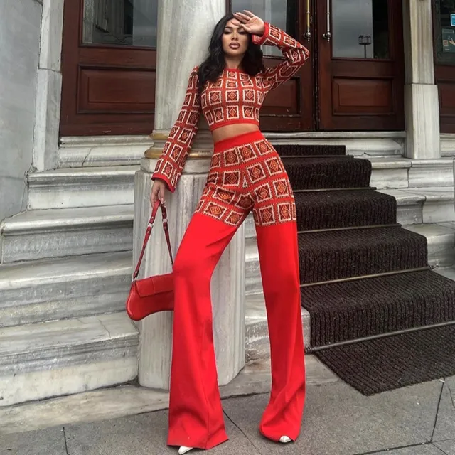 European And American National Style Printed Plaid Top And Trousers Suit Red - Shop at LoveMi