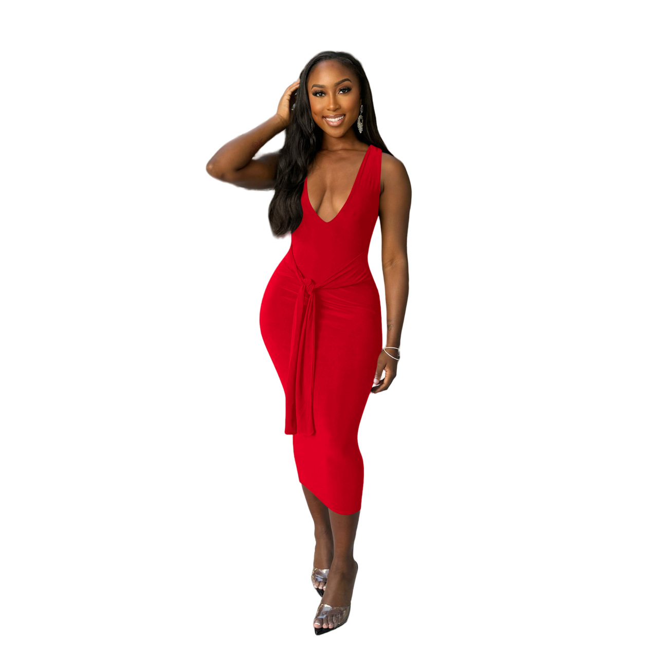 Fashionable V-neck Solid-color Long Dress Ddde27b9 A685 436f B501 A84cc27ea6d0