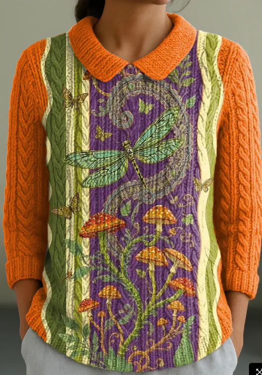 Autumn And Winter New Women's Doll Collar Knitted Jacquard Fabric French Retro Printed Top Nsy30125100801 - Shop at LoveMi