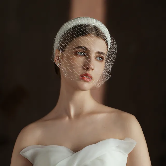 French Hepburn Style Bridal Veil White Vintage Beaded Large Meshed Net Mesh Headband Ivory White - Shop at LoveMi