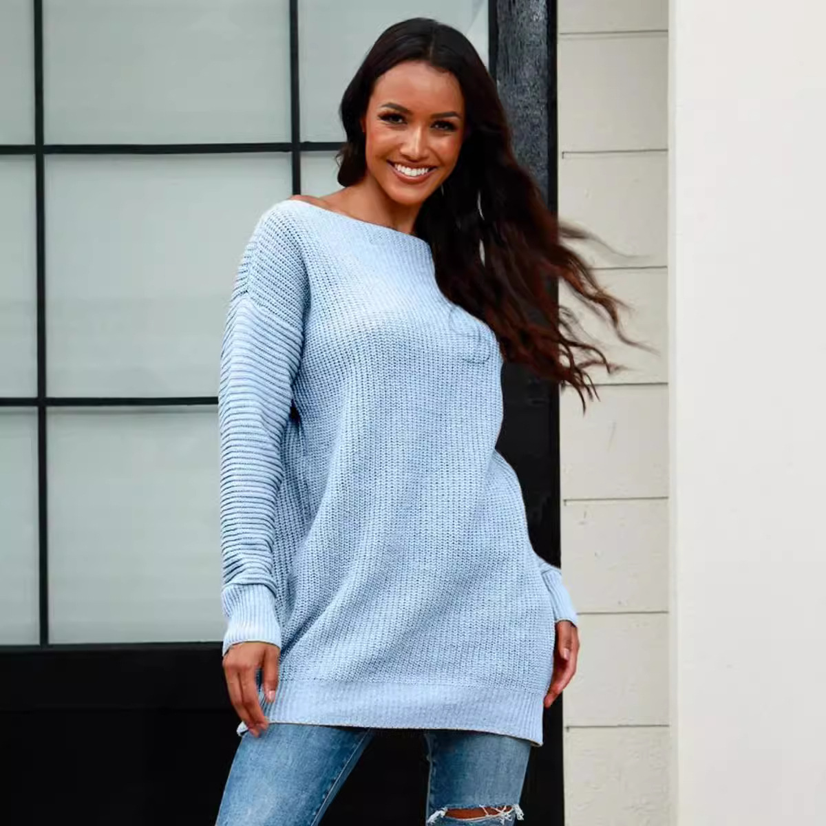 Mid-length Off-neck Loose Sweater Coat