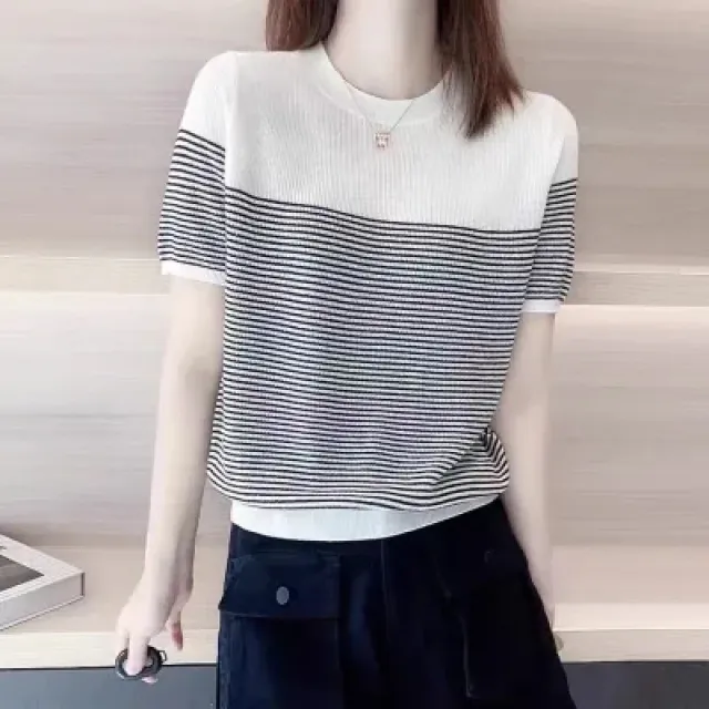 Round Neck Ice Silk Knitwear Thin Simple Pullover Short Sleeve White - Shop at LoveMi