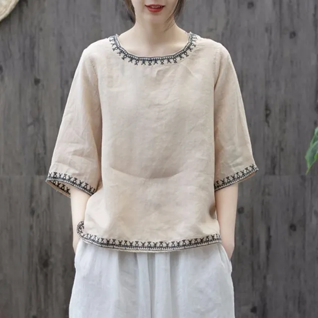 Artistic Retro Cotton And Linen Solid Color Embroidered Crew Neck Half Sleeve Beige - Shop at LoveMi