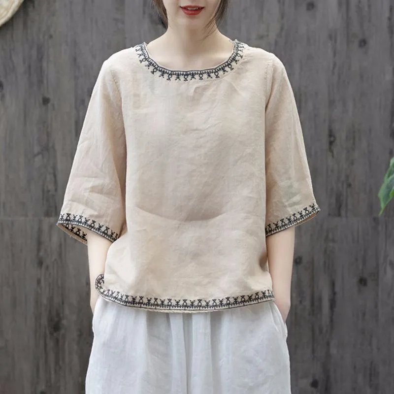 Artistic Retro Cotton And Linen Solid Color Embroidered Crew Neck Half Sleeve - Beige