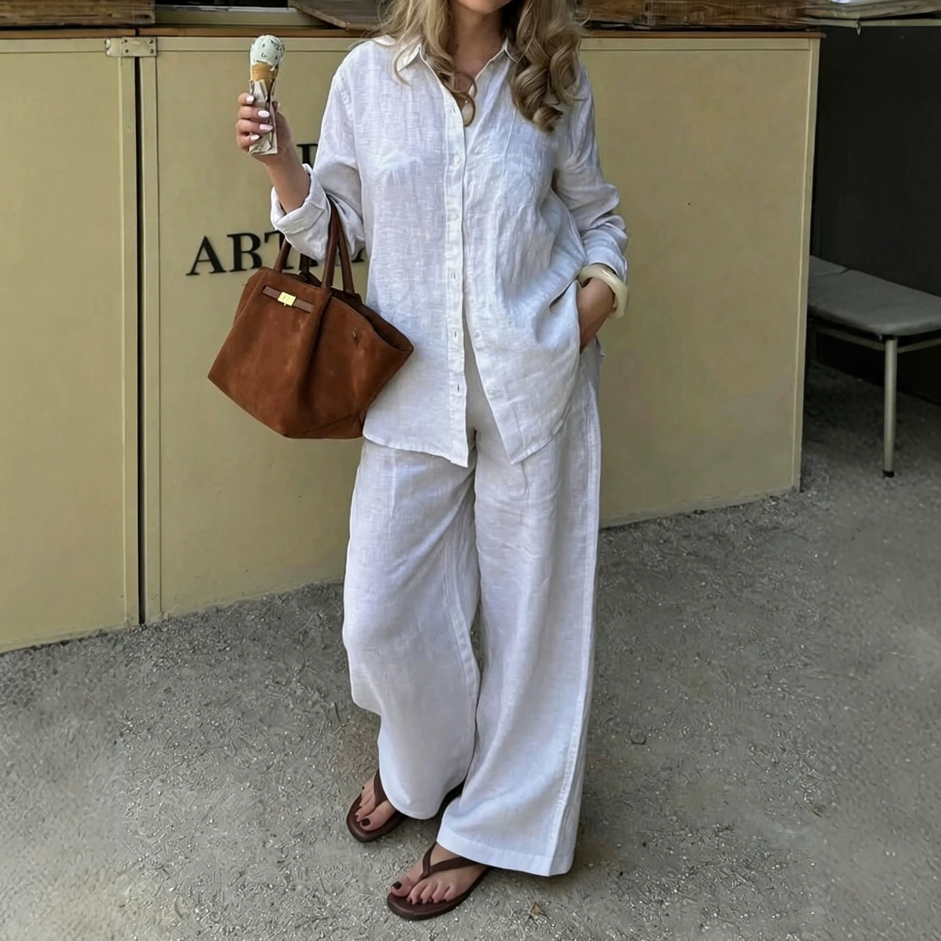 Simple Linen Two-piece Set With A Lapel And Long Sleeves 4