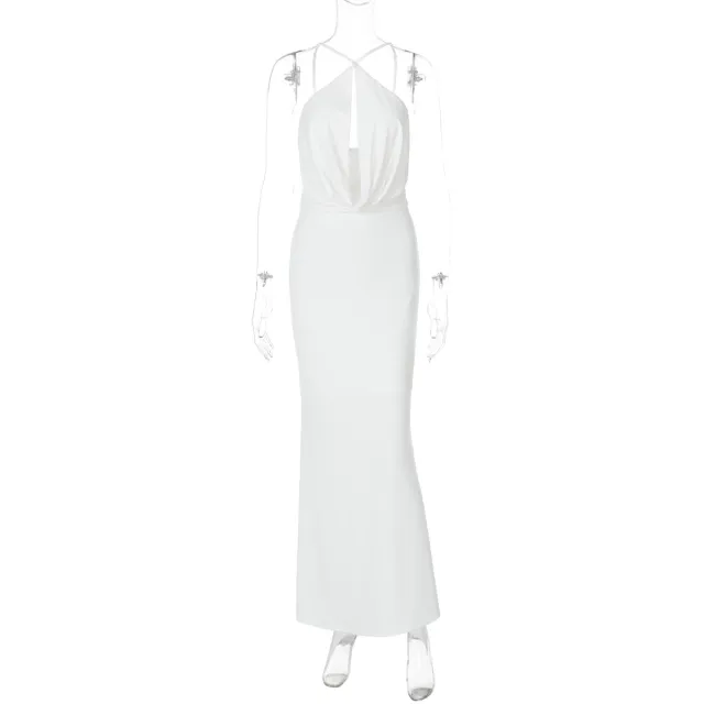 Women's Clothing Fashion Backless Hollow out Halter Sling Dress White - Shop at LoveMi