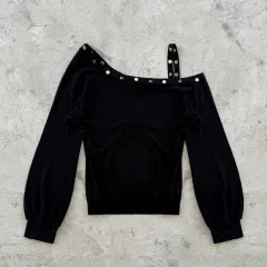 Personality Rivets Temperament Slant Shoulder Women Slim Fit Versatile Slimming Top - Black - View 1