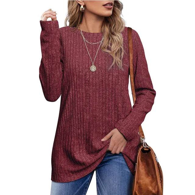 New Autumn And Winter Round Neck Brushed Sunken Stripe Solid Color Top Long Sleeve Women's T shirt Red - Shop at LoveMi