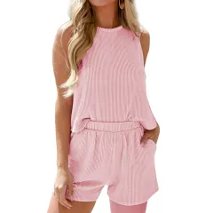 Women's Twist Strip Sleeveless Tank Top Shorts Striped Two-piece Suit - Tan - View 1