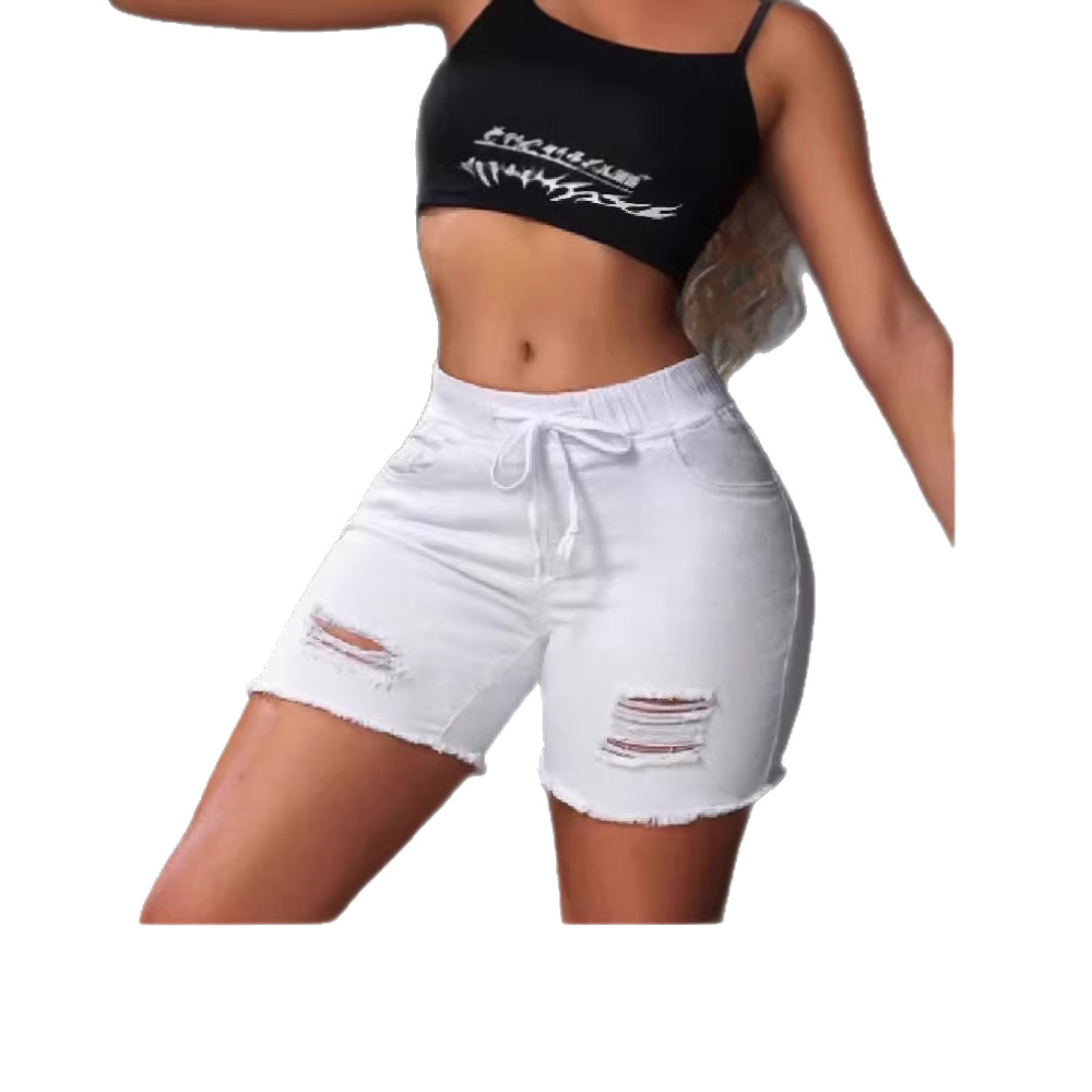 Womens White Ripped Denim Shorts For Summer thumbnail 4
