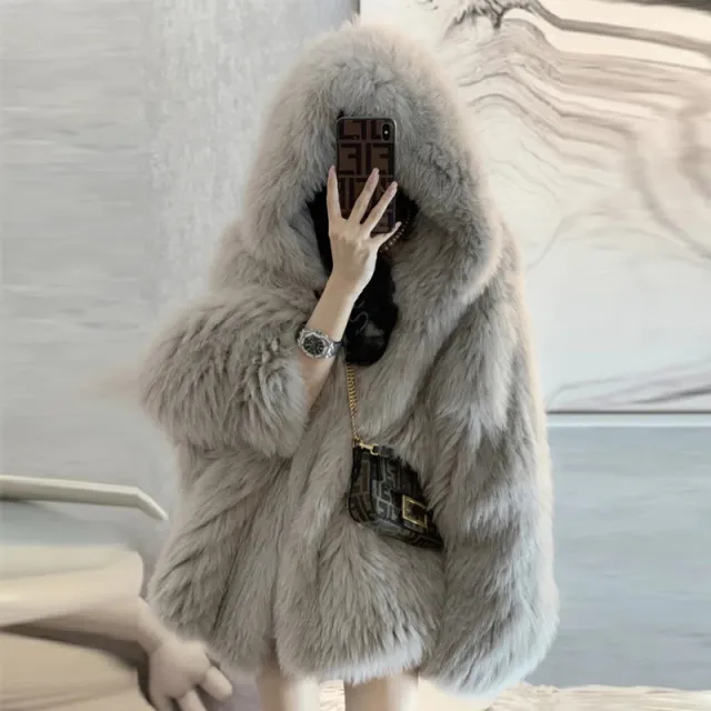 Online Influencer Fashion Hooded Artificial Fox Fur Padded Coat Young Elephant Gray - Shop at LoveMi