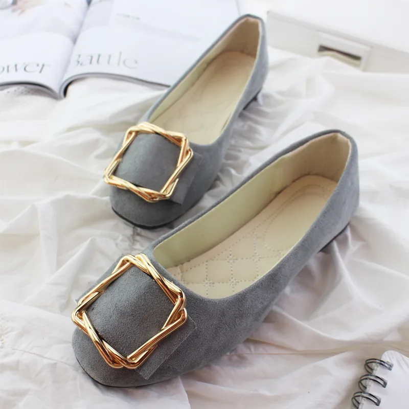 Toe Comfortable Large Size Square Buckle Flats Women's Shoes - Grey