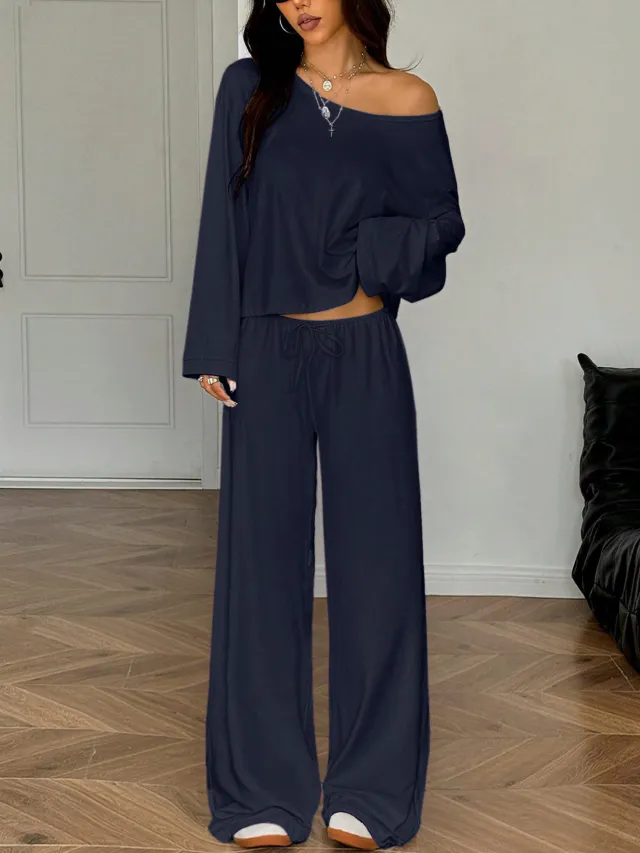 Womens Solid Color Casual Off the Shoulder Long Sleeve Pants Blue - Shop at LoveMi