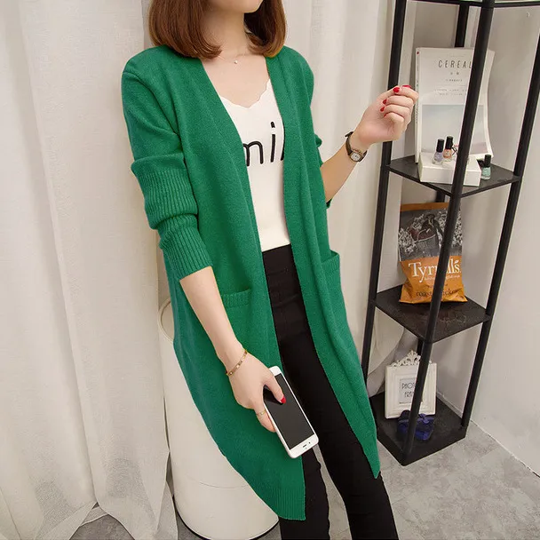 Women's Fashion Casual Double Pocket Mid length Knitted Cardigan Sweater Green - Shop at LoveMi