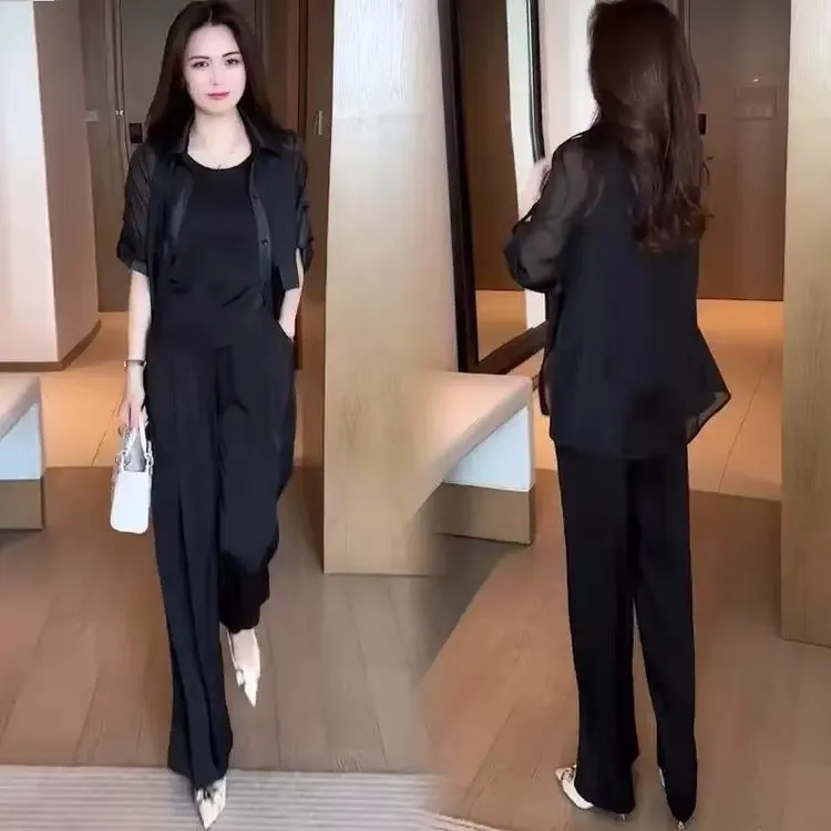Fashion Women Sun Protection Shirt Wide Leg Pants Casual Three-piece Suit - Black